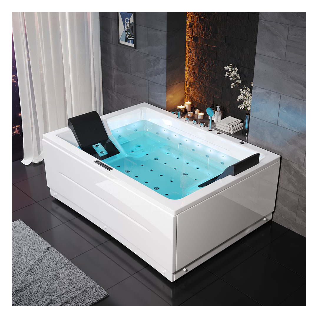  71" 2-Person Whirlpool Bathtub, Massage Bathtub with Air & Water Jets 3-Sided Apron Acrylic Soaking Tub, Lumbar Support & Chromatherapy LED, Relaxing Spa Experience for Elderly